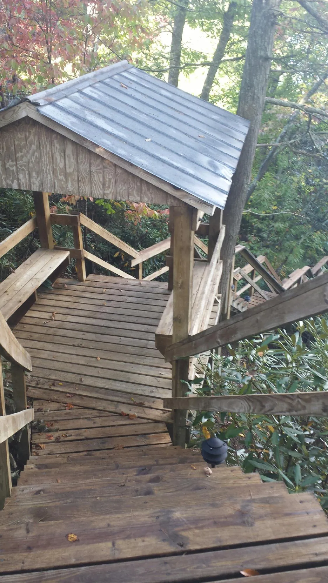 Metal roofed shelter over wooden steps on a wooded walkway — Skylight Repair & Installation work by our crew in Raymond